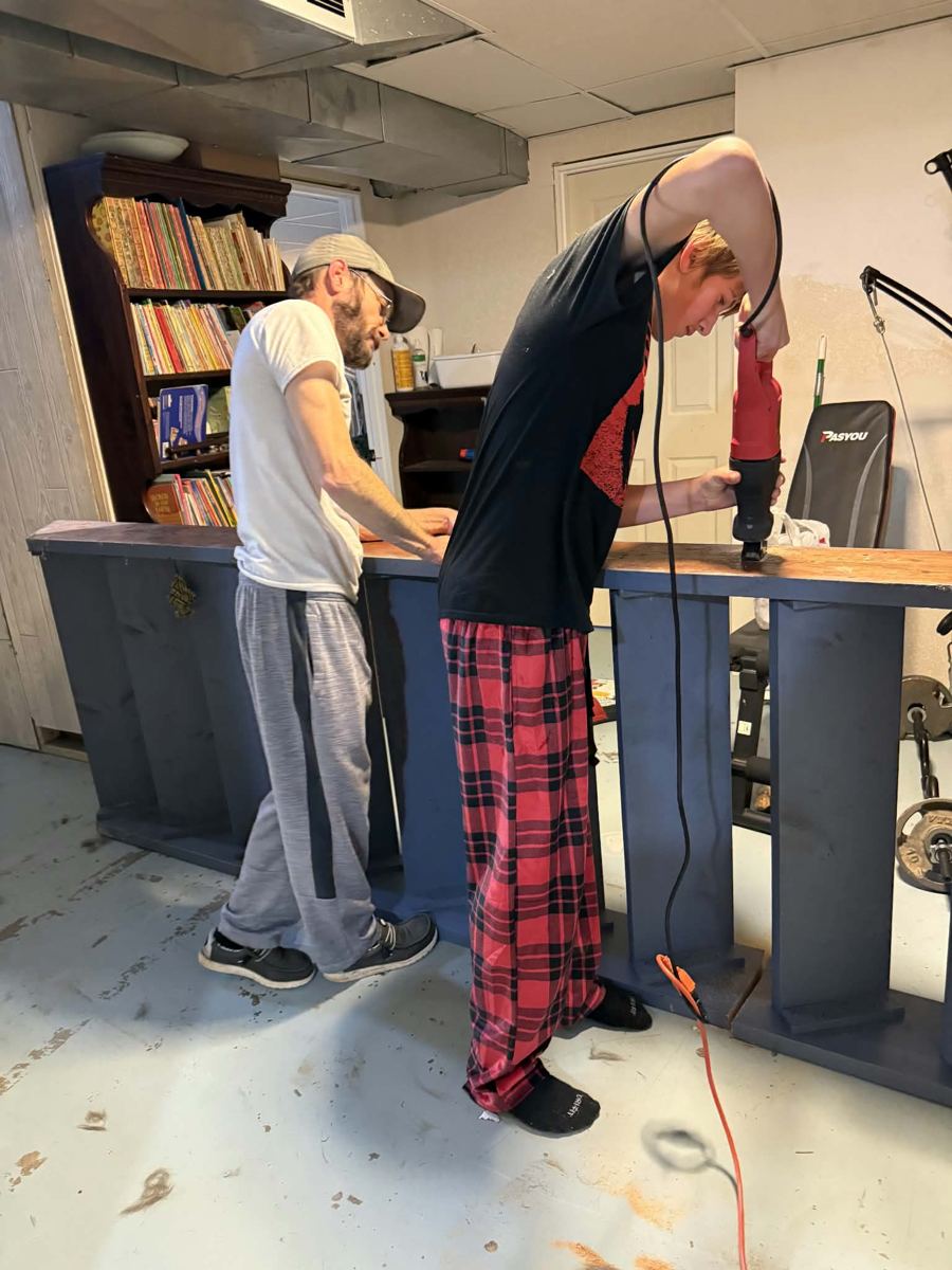 Custom bar counter being built and fitted in the basement